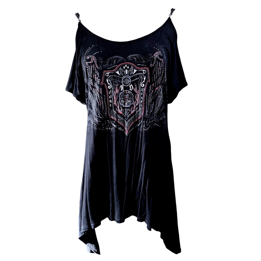 Harley-Davidson Cold Shoulder Tunic Women Size L Rhinestone Chain Strap Black